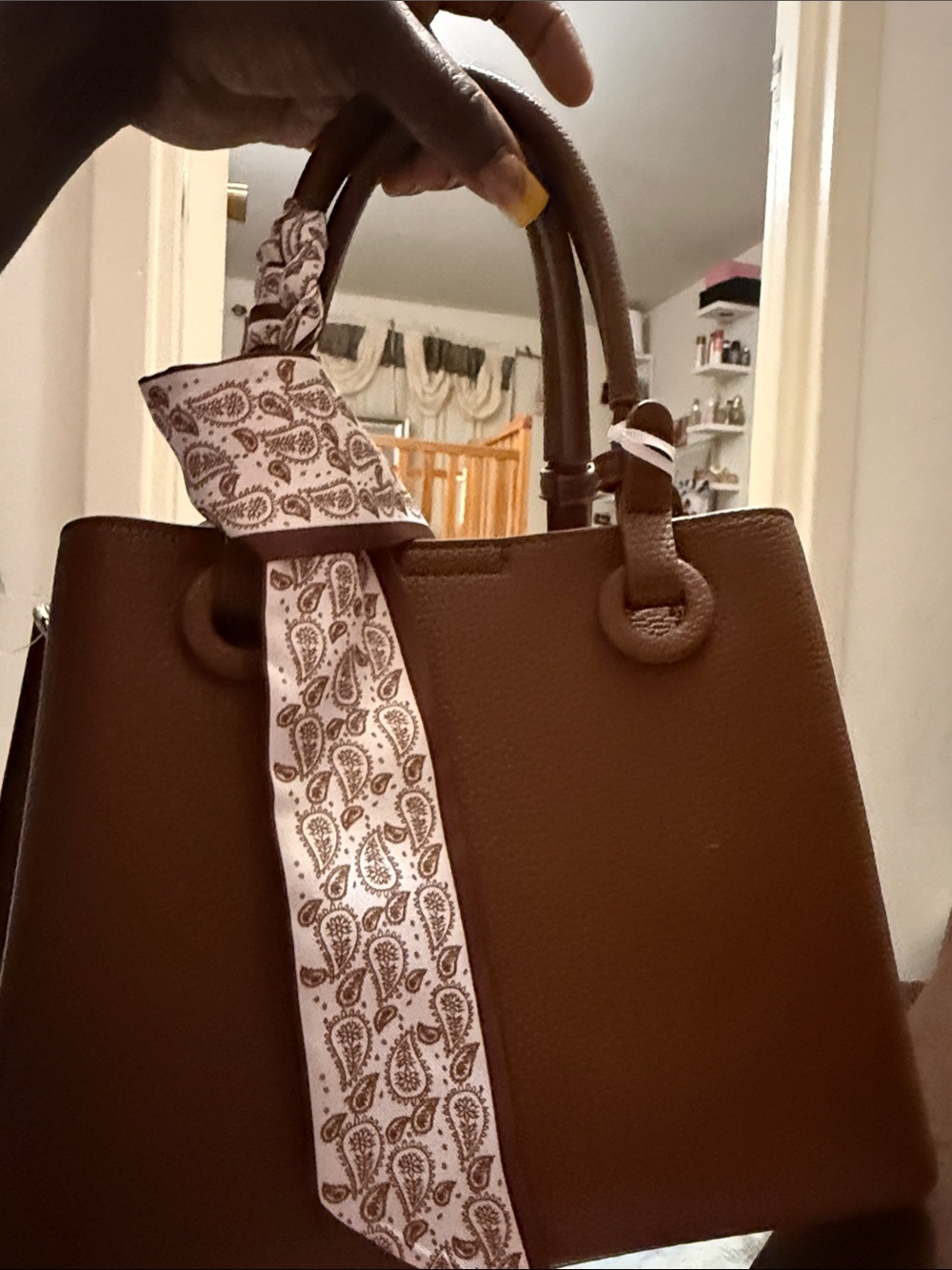Women's Brown Pebbled Satchel with Paisley Scarf Accent